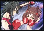  2girls air_shakur_(umamusume) alternate_costume animal_ears bangs black_border black_hair black_shorts border boxing boxing_gloves breasts brown_hair clenched_teeth clover_hair_ornament collarbone commission constricted_pupils covered_mouth dempsey_roll eye_contact fine_motion_(umamusume) green_eyes hair_ornament hajime_no_ippo highres horse_ears horse_girl horse_tail long_hair looking_at_another mafty motion_blur multiple_girls parody punching shorts skeb_commission small_breasts speed_lines sports_bra sweat tail teeth umamusume 