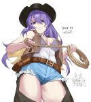 2girls bangs breasts chaps cleavage cowboy_hat cowboy_western dasdokter hat highres hololive hololive_indonesia long_hair looking_at_viewer moona_hoshinova multicolored_hair multiple_girls purple_eyes purple_hair rope shirt short_shorts shorts sleeveless sleeveless_shirt usada_pekora virtual_youtuber 