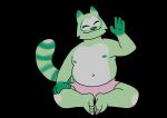  4_fingers 4_toes anthro bent_arm bent_legs bottomwear chubby_anthro chubby_male clothing eyes_closed feet fingers fred_(fredrick_brennan) fur green_body green_fur hand_on_knee hand_on_leg hi_res male mammal mouth_closed navel nipples pocketfurry procyonid raccoon shorts slightly_chubby smile solo toes 