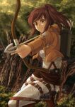  1girl arrow_(projectile) artist_name bangs bow_(weapon) brown_eyes brown_hair brown_jacket closed_mouth commentary_request day drawing_bow english_text holding holding_bow_(weapon) holding_weapon hood hood_down hooded_jacket jacket long_sleeves open_clothes open_jacket outdoors pants quiver sasha_braus shingeki_no_kyojin shirt side_ponytail solo tree v-shaped_eyebrows villyane watermark weapon web_address white_pants white_shirt 