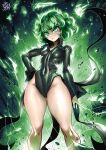  1girl aura breasts collared_dress curly_hair dress floating_rock green_eyes green_hair highres one-punch_man small_breasts tatsumaki telekinesis the_golden_smurf thick_thighs thighs 