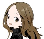  1girl :d bangs black_sweater brown_eyes brown_hair commentary forehead from_side highres karakai_jouzu_no_takagi-san long_hair looking_at_viewer looking_to_the_side official_art parted_bangs portrait ribbed_sweater simple_background smile solo sweater takagi-san turtleneck turtleneck_sweater white_background yamamoto_souichirou 