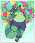 4_toes 5_fingers anthro balloon bottomwear claws clothing digital_media_(artwork) feet fingers fist fred_(fredrick_brennan) fur green_body green_fur hairoelcroto hi_res inflatable looking_at_viewer male mammal navel nipples open_mouth overweight overweight_anthro overweight_male pawpads procyonid raccoon shorts solo teeth toe_claws toes tongue 
