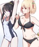  2girls :o arms_up bikini bikini_pull black_bikini black_hair breasts clothes_pull competition_swimsuit covered_navel fish_hair_ornament gold_bracelet grin hair_ornament hand_on_hip high_ponytail highres inoue_takina kooeiatd111020 large_breasts long_hair lycoris_recoil multiple_girls navel nishikigi_chisato one-piece_swimsuit one_side_up parted_lips pulled_by_self purple_eyes red_eyes scrunchie short_hair sidelocks simple_background small_breasts smile stomach strap_pull swimsuit white_background white_one-piece_swimsuit 