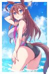  1girl ahoge animal_ears arm_behind_head arm_up ass bangs bare_arms bare_shoulders black_one-piece_swimsuit blue_eyes blue_sky blush brown_hair cloud cloudy_sky day e20 grey_hairband grey_one-piece_swimsuit hair_between_eyes hairband highres horse_ears horse_girl horse_tail long_hair mihono_bourbon_(umamusume) one-piece_swimsuit parted_lips sky solo swimsuit tail umamusume very_long_hair wading water 