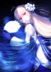  1girl antenna_hair archetype_earth arcueid_brunestud avsytw4jguvya8p bangs bare_shoulders blonde_hair blue_gloves commentary_request dress fate/grand_order fate_(series) flower from_behind gloves hair_between_eyes hair_flower hair_ornament highres long_hair looking_at_viewer lying parted_lips partially_submerged red_eyes single_hair_intake solo tsukihime tsukihime_(remake) very_long_hair white_dress white_flower 
