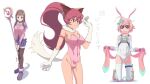  3girls animal_ears animal_hands black_thighhighs breasts brown_hair cat_ears cat_tail cleavage closed_mouth full_body gloves green_eyes hair_ornament hairclip highres kaien_advance large_breasts leotard long_hair looking_at_viewer multiple_girls pencil_skirt perisie_(star_ocean) pink_hair ponytail short_hair simple_background skirt smile sophia_esteed star_ocean star_ocean_anamnesis star_ocean_first_departure star_ocean_till_the_end_of_time tail thighhighs verda_kleiman white_background 