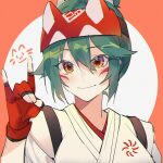  1girl \m/ bangs closed_mouth facepaint fingerless_gloves fox_mask gloves green_eyes green_hair highres japanese_clothes kiriko_(overwatch) liangyilin mask medium_hair ninja orange_background orange_eyes overwatch overwatch_2 red_gloves short_sleeves smile two-tone_background upper_body white_background 