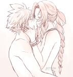  1boy 1girl aerith_gainsborough ancotsubu arms_around_waist artist_name bangle bangs blush bracelet braid braided_ponytail breasts choker cloud_strife couple final_fantasy final_fantasy_vii final_fantasy_vii_remake hair_between_eyes hair_ribbon hands_on_own_cheeks hands_on_own_face hetero highres jewelry kiss long_hair medium_breasts muted_color nude parted_bangs ribbon short_hair sidelocks spiked_hair twitter_username upper_body wavy_hair yellow_background 