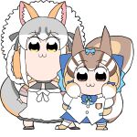  2girls animal_costume animal_ear_fluff animal_ears bow bowtie brown_eyes brown_hair chipmunk_costume chipmunk_ears chipmunk_girl chipmunk_tail dress extra_ears fox_ears fox_girl fox_tail grey_hair hat island_fox_(kemono_friends) kemono_friends kemono_friends_v_project long_hair looking_at_viewer mukouyama_mu multicolored_hair multiple_girls orange_hair parody poptepipic ribbon sandals shirt shoes shorts siberian_chipmunk_(kemono_friends) simple_background sundress tail vest virtual_youtuber yellow_eyes 