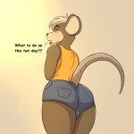  1:1 absurd_res anthro bodily_fluids bottomwear bulge clothing deancrazz derickk76 dialogue hi_res looking_at_viewer looking_back looking_back_at_viewer male mammal mouse murid murine rodent shirt shorts solo sweat tank_top topwear 