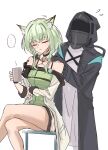  ... 1girl 1other animal_ears arknights black_choker black_coat breasts cat_ears cat_girl chair choker closed_eyes coat criss-cross_halter crossed_legs cup dress green_dress green_hair halterneck highres holding holding_cup hood hood_up hooded_coat kal&#039;tsit_(arknights) long_sleeves mask mug off-shoulder_coat off-shoulder_dress off_shoulder shino_duka short_hair shoulder_massage sitting sketch small_breasts speech_bubble spoken_ellipsis stethoscope white_coat 