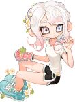  1girl black_shorts blue_footwear breasts cellphone closed_mouth flower gradient_hair hair_flower hair_ornament hairclip heterochromia highres holding holding_phone invisible_chair kumo_(kumo_hsc0216) multicolored_hair octoling octoling_girl phone pink_hair shirt shoes short_shorts short_sleeves shorts simple_background sitting small_breasts sneakers solo splatoon_(series) tentacle_hair white_background white_flower white_hair white_shirt 