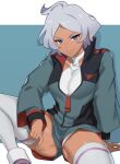  1girl ahoge aqua_eyes bangs breasts center_opening commentary_request dark_skin grey_hair gundam gundam_suisei_no_majo halterneck harunori_oogami highres looking_at_viewer medium_breasts panties pantyshot parted_bangs partially_unzipped school_uniform secelia_dote short_hair shorts smile solo spread_legs thighhighs thighs underwear white_panties white_thighhighs zettai_ryouiki 