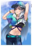  1girl aqua_belt armpits arms_up bangs baseball_cap black_pants black_sports_bra blue_eyes blue_sky breasts cloud commentary cowboy_shot crop_top d4dj day eurylena grey_hair hat highres hood hood_down hooded_shirt long_hair looking_at_viewer medium_breasts midriff navel niijima_ibuki pants parted_lips short_sleeves sidelocks sky smile solo sports_bra standing sweat tight tight_pants twitter_username wristband 