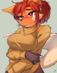  2022 4_fingers absurd_res anthro arm_under_breasts big_breasts blush breasts brown_body brown_eyes brown_fur canid canine claws clothed clothing digital_media_(artwork) female female_anthro finger_claws fingers fur hair hi_res kemono mammal maned_wolf multicolored_body multicolored_fur orange_body orange_fur red_hair solo sweater topwear white_body white_fur yellowparrottw 