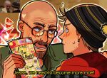  2boys artist_name bald beanie beard blush breaking_bad brown_facial_hair commentary english_commentary english_text facial_hair glasses goatee green_eyes hat highres holding holding_paper huyandere jesse_pinkman looking_at_another male_focus multiple_boys open_mouth paper photo_inset scene_reference subtitled walter_white wrinkled_skin 