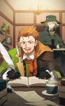  2boys beard book brown_eyes brown_hair coffee coffee_cup cup disposable_cup edmond_dantes_(fate) facial_hair fate/grand_order fate_(series) gloves grey_hair highres holding holding_plate holding_quill indoors ink ink_bottle lamp looking_at_another menma222 multiple_boys open_mouth picture_frame plate quill short_hair sitting smile william_shakespeare_(fate) writing yellow_eyes 