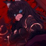  1girl animal_ear_fluff animal_ears bangs black_bodysuit black_hair black_mask blood blood_on_face blue_eyes bodysuit breasts closed_mouth commentary_request delta_(kage_no_jitsuryokusha_ni_naritakute!) evil_grin evil_smile floating_hair fur_collar grin kage_no_jitsuryokusha_ni_naritakute! lips long_hair mask medium_breasts pink_lips red_background smile solo upper_body wolf_ears wolf_girl yi_dui_po_shi_de_mou_ren 