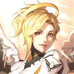  1girl anotherred armor bangs blonde_hair blue_eyes closed_mouth doctor glowing halo highres lips looking_at_viewer medic medium_hair mercy_(overwatch) overwatch overwatch_1 solo upper_body wings 