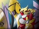  4:3 aegislash armor calathezoroark cecethefoxwitch collaboration duo fan_character female generation_6_pokemon hair hi_res human humanoid intersex intersex/female mammal melee_weapon nintendo pokemon pokemon_(species) simple_background video_games weapon 