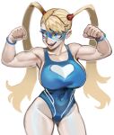  1girl :d bangs bare_shoulders blonde_hair blue_eyes blue_one-piece_swimsuit breasts highres large_breasts long_hair mask muscular muscular_female nero_(neroartbox) open_mouth rainbow_mika simple_background smile solo street_fighter swimsuit twintails white_background wrestling_mask wrestling_outfit 