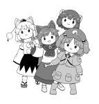  4girls :d animal_ear_fluff animal_ears boots bow closed_mouth detached_sleeves disembodied_head flat_cap full_body hair_bobbles hair_bow hair_ornament hat holding holding_wrench imaizumi_kagerou inubashiri_momiji kawashiro_nitori key long_hair looking_at_viewer monochrome multiple_girls open_mouth pocket pom_pom_(clothes) poronegi rubber_boots sekibanki shirt short_hair simple_background skirt smile tokin_hat touhou two_side_up wide_sleeves wolf_ears wolf_girl wrench 