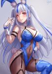  1girl animal_ears bangs bare_shoulders blue_hair blue_leotard blue_nails blue_thighhighs blush boots breasts bridal_gauntlets commentary_request covered_navel earrings fake_animal_ears grey_background grey_hair hand_on_hip hand_up highres jewelry large_breasts leotard long_hair looking_at_viewer multicolored_hair nail_polish o-ring original parted_lips playboy_bunny rabbit_ears red_eyes sakiyamama signature simple_background smile solo streaked_hair thigh_boots thighhighs thighs 