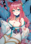  1girl ahri_(league_of_legends) animal_ear_fluff animal_ears bangs bare_shoulders bell bow breasts cleavage facial_mark fox_ears fox_tail green_bow green_eyes hair_bell hair_bow hair_ornament heart highres japanese_clothes kimono large_breasts league_of_legends long_hair long_sleeves looking_at_viewer mao_g multiple_tails parted_lips pink_hair red_hair ribbon shiny shiny_hair solo spirit_blossom_(league_of_legends) spirit_blossom_ahri tail teeth thighhighs whisker_markings 