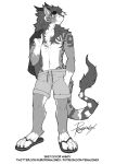  anthro arm_markings bottomwear clothed clothing dragon flip_flops footwear full-length_portrait fur furred_dragon glistening glistening_eyes horn looking_at_viewer male markings monochrome navel penguinexperience portrait sandals shorts signature simple_background solo standing tail_tuft text topless tuft url 