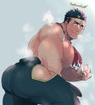  1boy ass bara black_hair closed_mouth facial_hair flaming_halo halo large_pectorals male_focus muscular muscular_male pectorals po_fu short_hair solo stubble thick_thighs thighs tokyo_afterschool_summoners topless_male towel towel_around_neck zabaniyya_(housamo) 