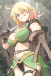  1girl black_panties blonde_hair blush breasts brown_gloves cleavage commentary_request commission forest gloves grin gyaru_v highres holding holding_sword holding_weapon korean_commentary large_breasts looking_at_viewer nature one_eye_closed original outdoors panties pointy_ears smile solo sword teeth tree twin_(tt_lsh) underwear v weapon 