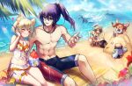  4boys 4girls absurdres animal_ears beach bikini cat_ears eunie_(xenoblade) food grey_hair head_wings heart highres lanz_(xenoblade) male_swimwear manana_(xenoblade) mio_(xenoblade) multiple_boys multiple_girls natsutomoki noah_(xenoblade) nopon official_alternate_costume ponytail riku_(xenoblade) sand sand_sculpture sena_(xenoblade) shaved_ice smile squatting swim_trunks swimsuit taion_(xenoblade) white_wings wings xenoblade_chronicles_(series) xenoblade_chronicles_3 