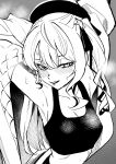  1girl armpits asymmetrical_hair blush breasts cleavage collarbone from_above hair_ornament highres hololive hoshimachi_suisei jacket longlong_(drasdr7513) looking_at_viewer looking_up monochrome parted_lips sidelocks solo sweat tank_top 