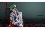  1boy bangs blood blood_on_clothes blood_on_face blood_on_wall blue_shirt cigarette doctor green_eyes green_hair gujo999 highres holding holding_cigarette id_card kimi_ga_shine letterboxed looking_down low_ponytail male_focus mask mask_pull midori_(kimi_ga_shine) mouth_mask parted_lips shirt short_hair sitting solo 