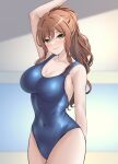  1girl :3 absurdres arm_behind_back arm_up armpit_crease bang_dream! bangs bare_arms bare_shoulders blue_one-piece_swimsuit blurry blurry_background breasts brown_hair cleavage closed_mouth collarbone commentary covered_navel cowboy_shot crossed_bangs green_eyes hair_between_eyes head_tilt highres imai_lisa indoors large_breasts long_hair looking_at_viewer ponytail ptal school_swimsuit sidelocks smile solo standing swimsuit wavy_hair 