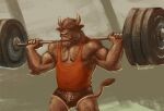  anthro body_hair bottomwear bovid bovine cattle chest_hair clothing drawstring elbow_tuft exercise hair hair_over_eyes hi_res hotpants male mammal muscular nipples rrougarou1 shirt shorts simple_background solo straining tank_top topwear weightlifting workout 