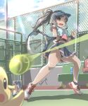  1girl backpack bag ball bench black_hair black_panties bosstseng bottle breasts brown_eyes cellphone lens_flare medium_breasts miniskirt motion_blur one_eye_closed original panties pantyshot pervert phone pikachu pokemon pokemon_(creature) ponytail racket shadow shoes signature skirt smartphone sneakers taking_picture tennis_ball tennis_court tennis_racket underwear visor_cap water_bottle wristband 