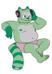  4_toes anthro bent_arm bent_legs bottomwear chubby_anthro chubby_male clothing feet fred_(fredrick_brennan) fur green_body green_fur headphones male mammal mouth_closed navel nipples one_eye_closed pocketfurry procyonid raccoon shorts sitting slightly_chubby solo toes 