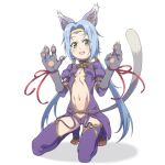  1girl animal_ears animal_hands blue_hair blush cat_ears cat_tail feet full_body gloves green_eyes highres kaien_advance long_hair looking_at_viewer low_twintails meracle_chamlotte navel open_mouth simple_background smile solo star_ocean star_ocean_the_last_hope tail thighhighs twintails white_background 