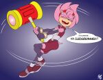  2022 50percentgrey accessory amy_rose anthro belt bottomwear clothing cuff_(restraint) dialogue earbuds eulipotyphlan eyes_closed female fingerless_gloves footwear fur gloves hammer handwear headband headphones hedgehog holding_hammer holding_object holding_tool leaning legwear mammal motion_lines open_mouth pink_body pink_fur restraints sega shoes shorts solo sonic_the_hedgehog_(series) speech_bubble spinning stockings swing swinging teeth text tongue tools topwear wrist_cuffs 