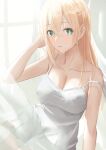  1girl arm_up bangs bare_arms bare_shoulders blonde_hair blush breasts cleavage collarbone curtains day dress green_eyes hand_in_own_hair haro_art hololive kazama_iroha large_breasts long_hair looking_at_viewer parted_lips sitting smile solo strap_slip sundress sunlight virtual_youtuber white_dress window 
