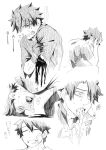  1boy black_hair bleeding blood crying fate/grand_order fate_(series) fujimaru_ritsuka_(male) gloves haretaka monochrome pain smile vomiting 