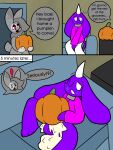  3:4 absurd_res anthro balls blush bodily_fluids comic cum cum_in_food cum_in_pumpkin demon dialogue english_text excessive_cum excessive_genital_fluids food food_fetish food_play fruit furniture genital_fluids genitals grape_ad hi_res horn lagomorph leporid male mammal nonbinary_(lore) orio_(nonbinary_bunny) plant pumpkin purple_body rabbit sofa solo stultus_(character) text white_eyes 