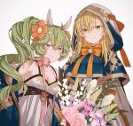  2girls animal_ears bangs blonde_hair breasts cleavage cloak collarbone curly_hair flower flower_girl_bari green_hair guardian_tales hair_flower hair_ornament hakusai_(tiahszld) hood hood_up hooded_cloak light_smile looking_at_viewer loose_clothes mayreel_(guardian_tales) multiple_girls neck_ribbon open_cloak open_clothes pink_eyes pouty_lips ribbon white_background yellow_eyes 