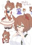  2girls :d animal_ears arms_behind_back aston_machan_(umamusume) black_bow black_thighhighs blue_shirt blue_skirt bow breasts brown_hair character_doll collared_shirt commentary_request cropped_legs crown dated doll double_v dress_shirt frilled_shirt_collar frills glasses green_eyes hands_up holding holding_doll horse_ears horse_girl horse_tail jacket koruri large_breasts long_sleeves mini_crown multiple_girls multiple_views notice_lines one_side_up peeking_out pleated_skirt puffy_long_sleeves puffy_sleeves school_uniform shirt skirt smile steepled_fingers t.m._opera_o_(umamusume) tail thighhighs tilted_headwear tracen_school_uniform translation_request twitter_username umamusume v white_background white_bow white_jacket white_shirt 