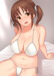  1girl bikini blush breasts brown_eyes hair_ribbon highres idolmaster idolmaster_cinderella_girls large_breasts looking_at_viewer navel open_mouth ribbon side-tie_bikini_bottom sitting smile solo swimsuit tomajiyama totoki_airi twintails white_bikini white_ribbon 