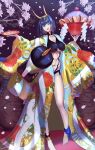  1girl abs absurdres barefoot blender blue_hair bob_cut breasts cherry_blossoms cosplay cup erasorpepero fate/grand_order fate_(series) food highres hololive hololive_english horns japanese_clothes kimono large_breasts ouro_kronii sakazuki sandwich short_hair shuten_douji_(fate) shuten_douji_(fate)_(cosplay) 