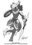  anthro bottomwear clothed clothing dark_sclera front_view full-length_portrait glistening glistening_eyes holding_object holding_shield holding_weapon loincloth male midriff monochrome mouth_closed navel penguinexperience portrait shield signature simple_background solo species_request text url weapon 