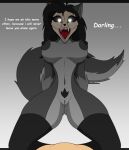  anthro areola big_breasts black_hair black_nipples bone breasts canid canine clothed clothed/nude clothing dialogue dialogue_box duo female grey_areola hair hi_res human legwear lingerie looking_at_viewer male male/female mammal nipples nude samrunner scp-1471 scp-1471-a scp_foundation skull skull_head thick_thighs thigh_highs 